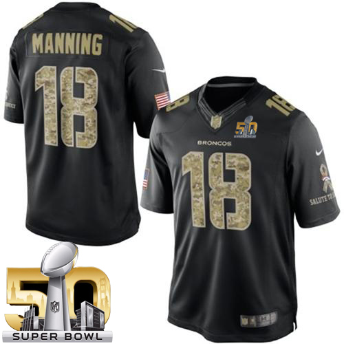 Nike Broncos #18 Peyton Manning Black Super Bowl 50 Men's Stitched NFL Limited Salute to Service Jersey - Click Image to Close